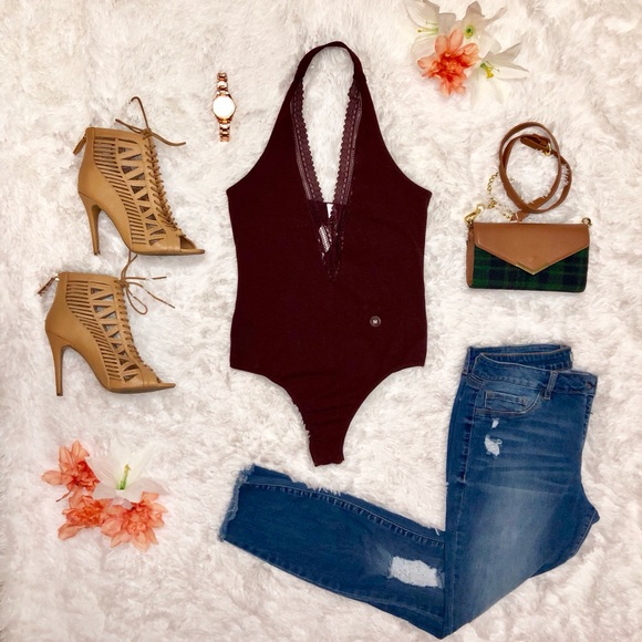 PacSun Tops - Maroon Halter Bodysuit with Crochet Detailing